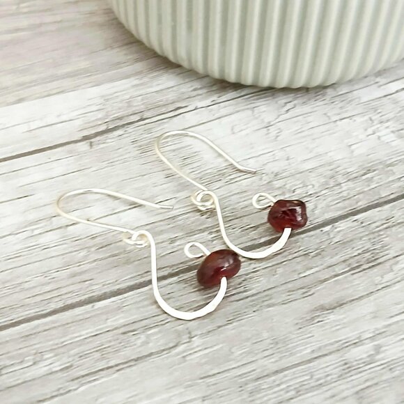 Dainty Garnet Crystal Dangle Earrings, Hammered Gemstone Jewelry 1.5" - Picture 7 of 10